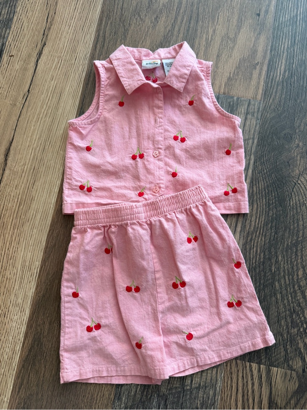 Vintage greendog Pink Cherry-Embroidered Girls Matching Set